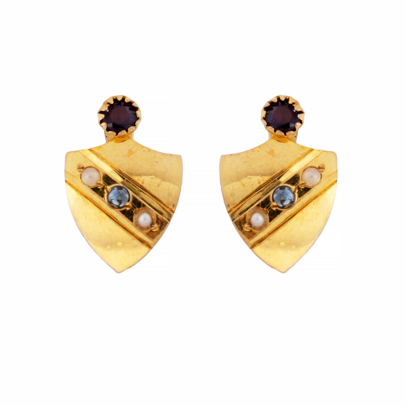 Victorian Patriotic Red White and Blue Shield Form Earrings in Yellow Gold