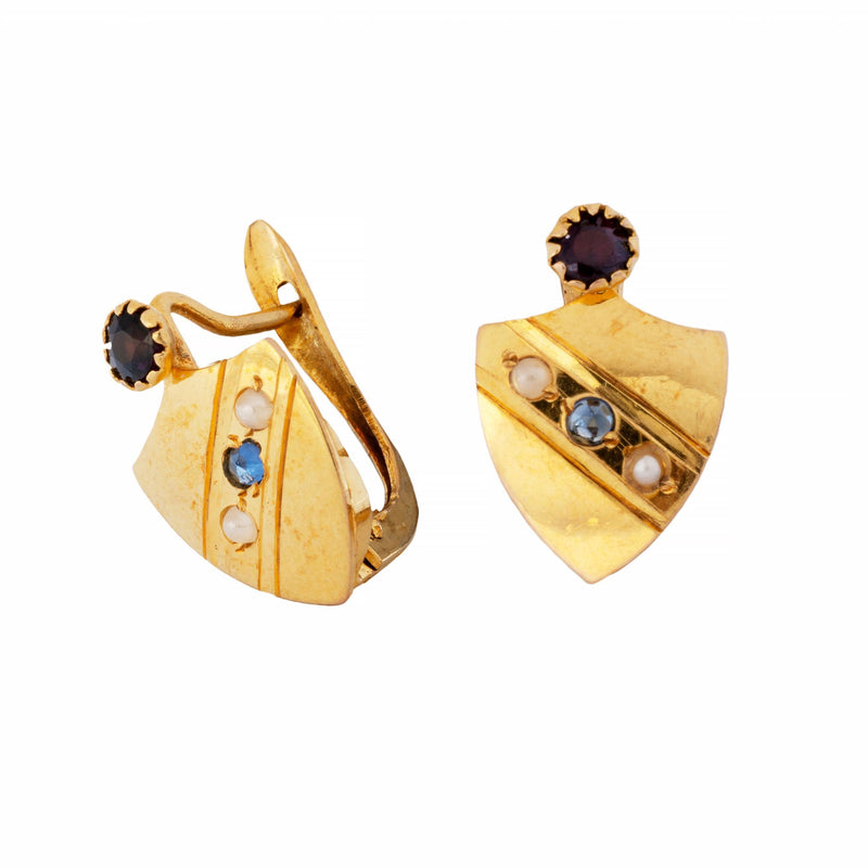 Victorian Patriotic Red White and Blue Shield Form Earrings in Yellow Gold