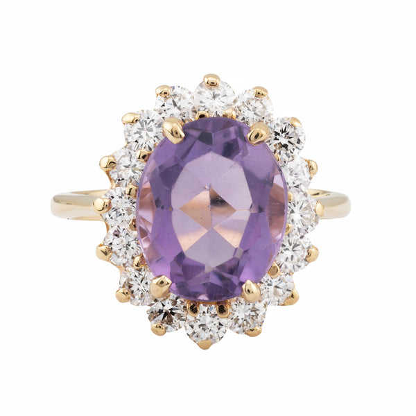 Vintage Amethyst & Diamond Halo Ring in 14 Karat Yellow Gold