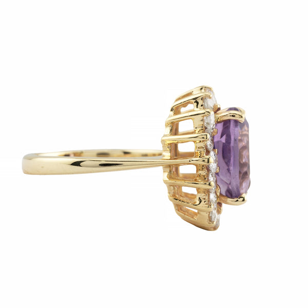 Vintage Amethyst & Diamond Halo Ring in 14 Karat Yellow Gold