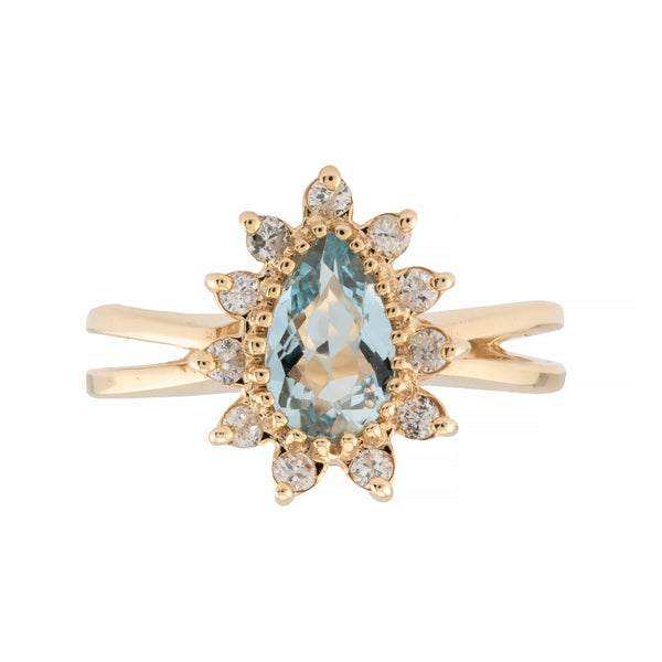 Vintage Pear Shaped Aquamarine & Diamond Halo Ring in 14 Karat Yellow Gold