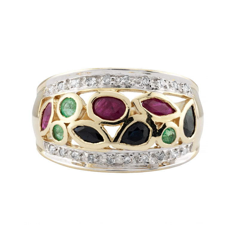 Vintage Ruby, Sapphire, Emerald, & Diamond Dome Band Ring in 14K Yellow Gold