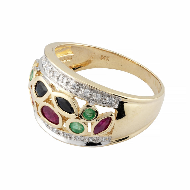 Vintage Ruby, Sapphire, Emerald, & Diamond Dome Band Ring in 14K Yellow Gold