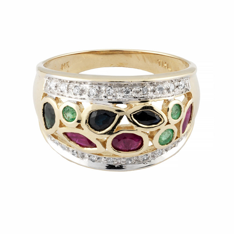 Vintage Ruby, Sapphire, Emerald, & Diamond Dome Band Ring in 14K Yellow Gold