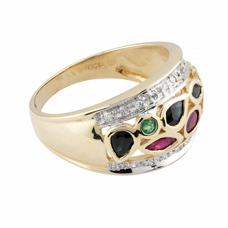 Vintage Ruby, Sapphire, Emerald, & Diamond Dome Band Ring in 14K Yellow Gold