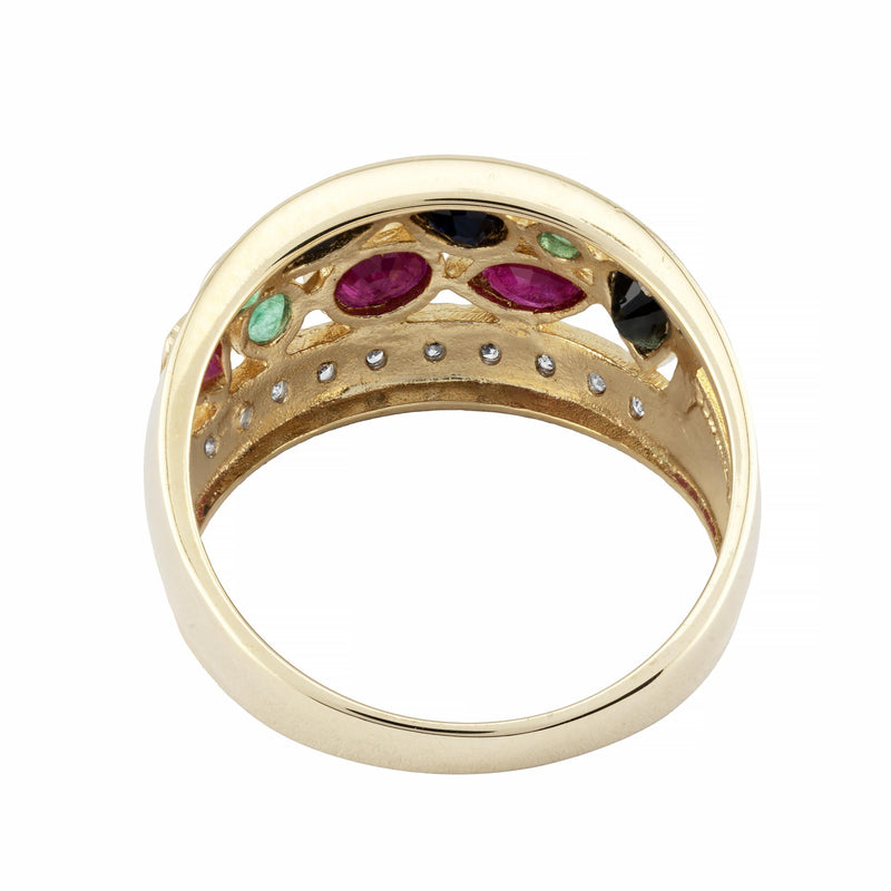 Vintage Ruby, Sapphire, Emerald, & Diamond Dome Band Ring in 14K Yellow Gold