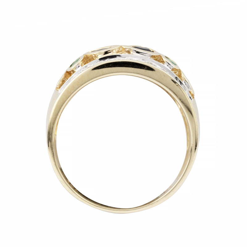 Vintage Ruby, Sapphire, Emerald, & Diamond Dome Band Ring in 14K Yellow Gold