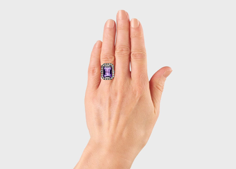 Art Deco Amethyst & Natural Pearl Ring in 18K White Gold