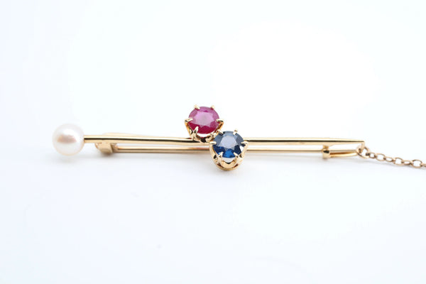 Tiffany & Co Patriotic Ruby, Sapphire, Pearl Brooch in 18K Yellow Gold