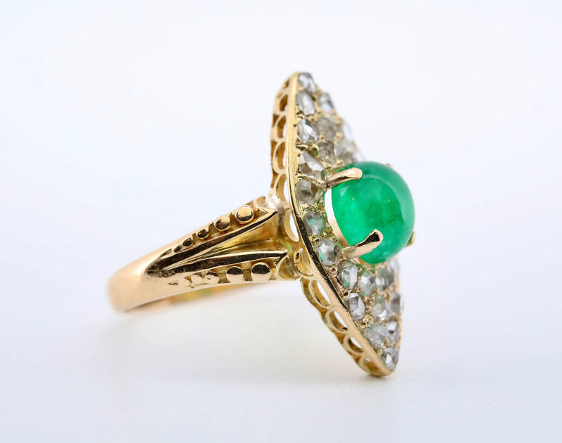 Victorian 3.08ctw Cabochon Emerald & Diamond Ring in 18K Yellow Gold