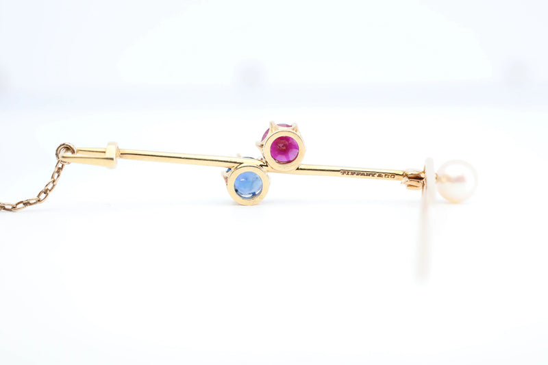 Tiffany & Co Patriotic Ruby, Sapphire, Pearl Brooch in 18K Yellow Gold