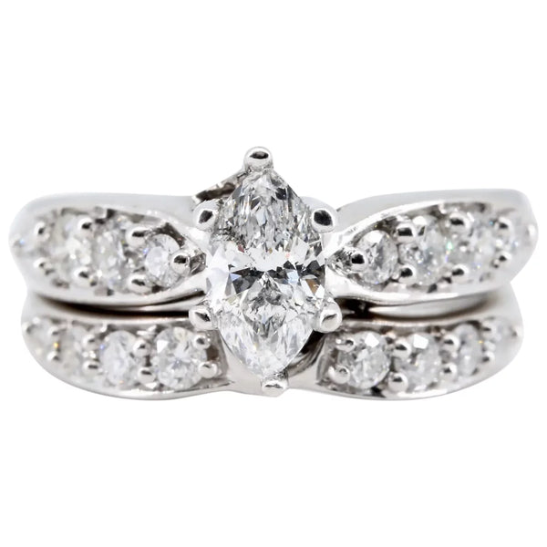 1.00Ctw Marquise & Round Diamond Bridal Engagement Suite 18K White Gold