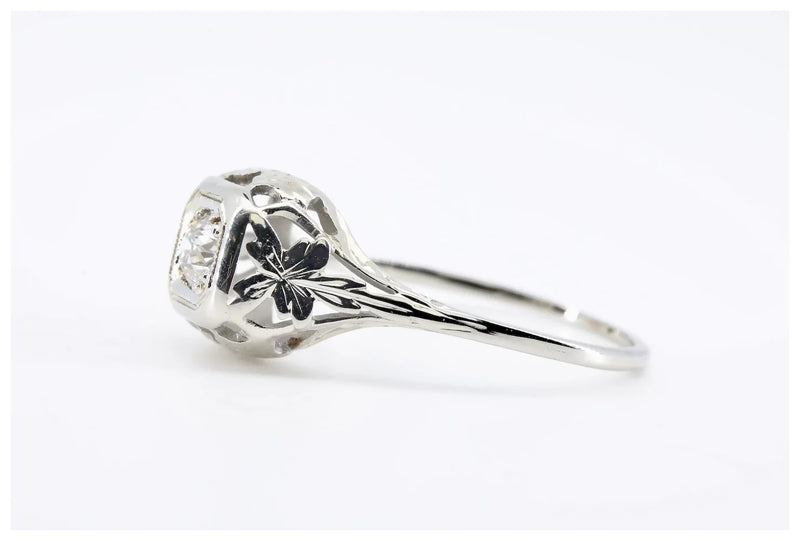 Art Deco 0.20ct Floral Filigree Engagement Ring Solitaire in 18K White Gold