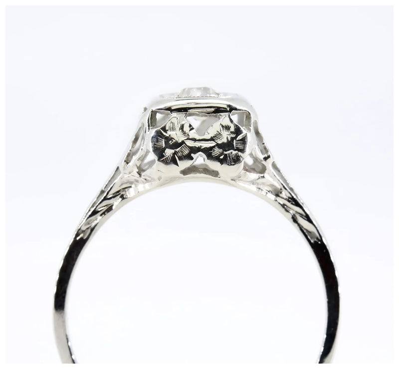 Art Deco 0.20ct Floral Filigree Engagement Ring Solitaire in 18K White Gold