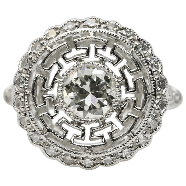 Art Deco 1.02 CTW Greek Key Motif Diamond Engagement Ring in Platinum