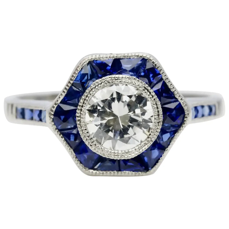 Art Deco 1.43 CTW Diamond & French Cut Sapphire Target Engagement Ring in Platinum