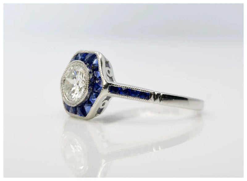 Art Deco 1.43 CTW Diamond & French Cut Sapphire Target Engagement Ring in Platinum