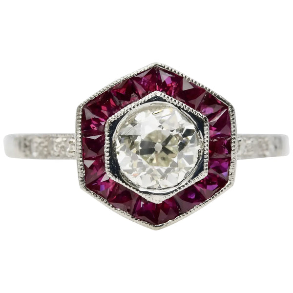 Art Deco 1.53 CTW Diamond & French Cut Ruby Engagement Ring in Platinum