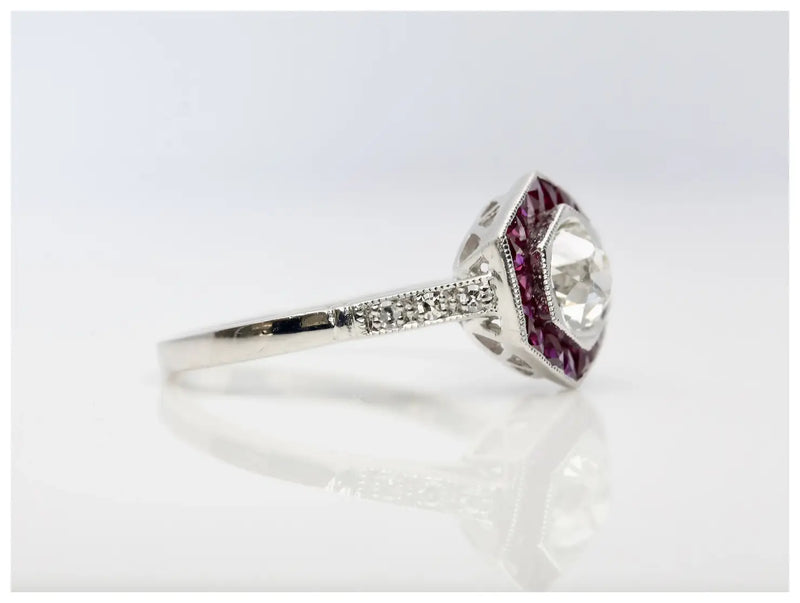 Art Deco 1.53 CTW Diamond & French Cut Ruby Engagement Ring in Platinum