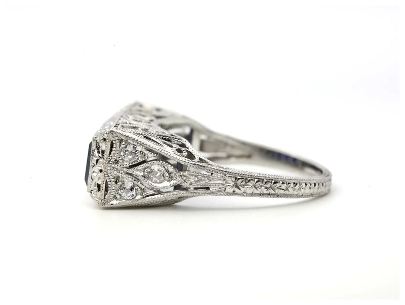 Art Deco 3.59ctw Sapphire & Diamond Filigree Ring in Platinum