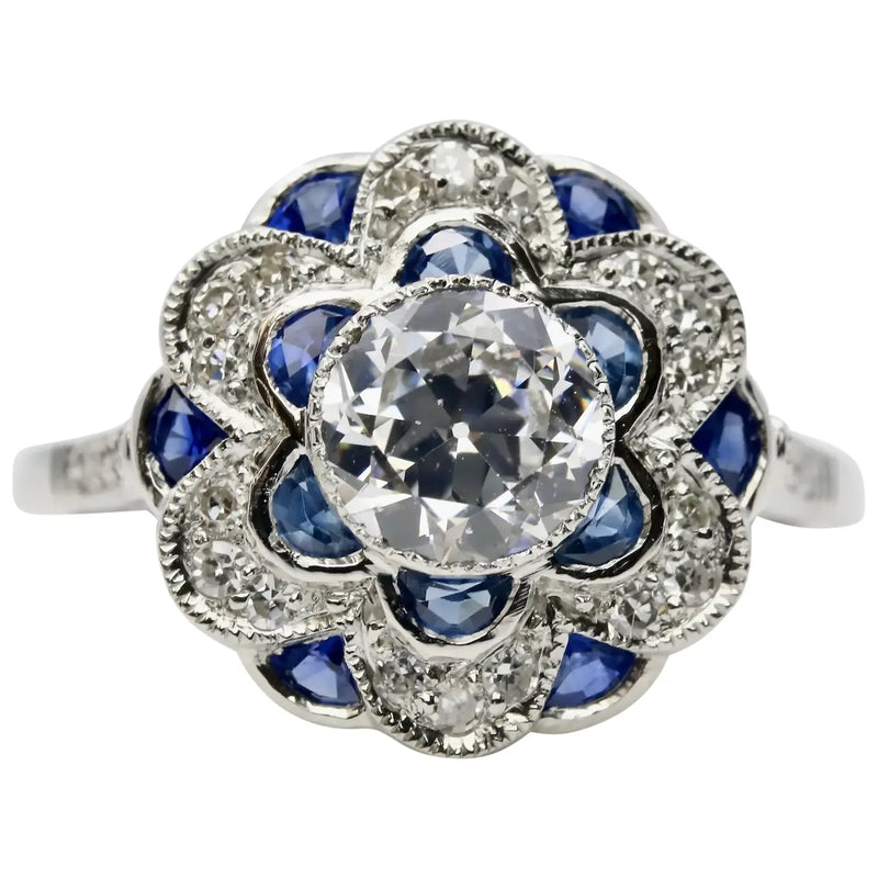 Art Deco Blossoming Floral Diamond & Sapphire Ring in Platinum