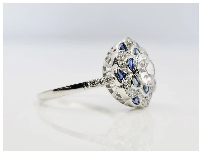 Art Deco Blossoming Floral Diamond & Sapphire Ring in Platinum