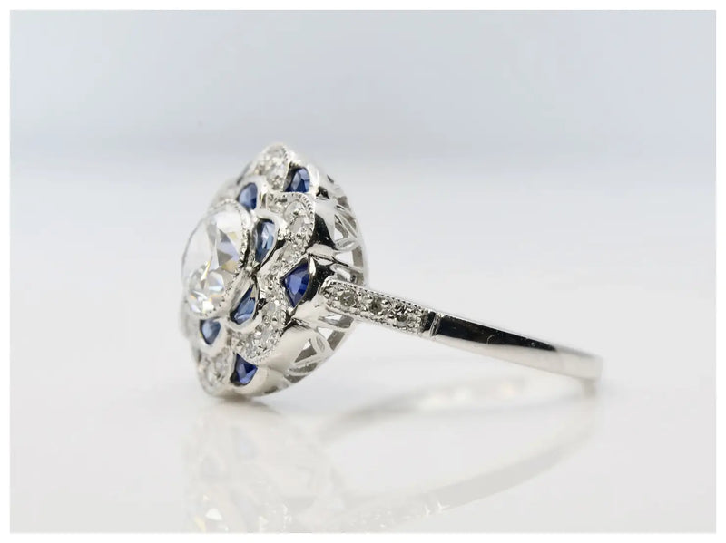 Art Deco Blossoming Floral Diamond & Sapphire Ring in Platinum