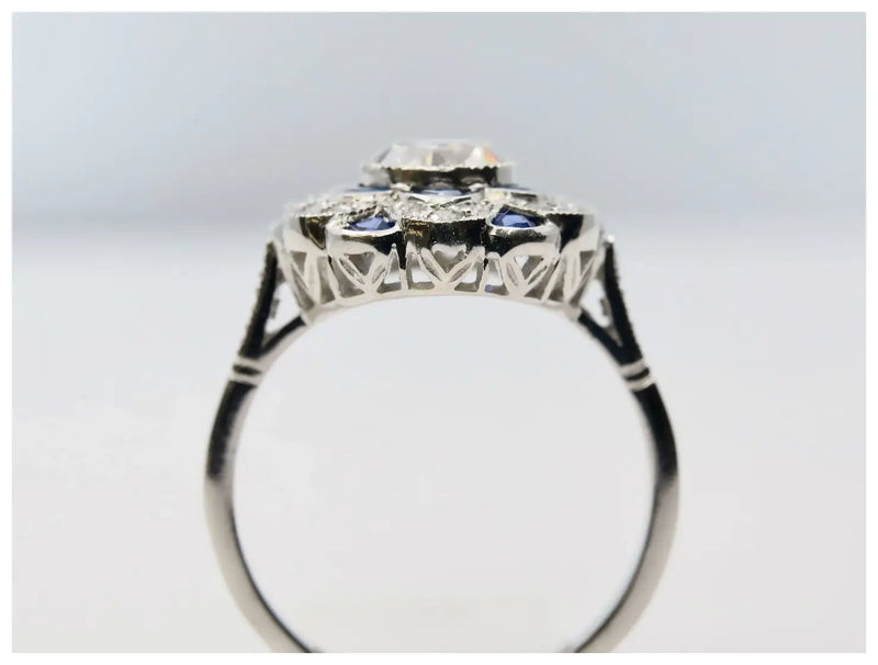 Art Deco Blossoming Floral Diamond & Sapphire Ring in Platinum