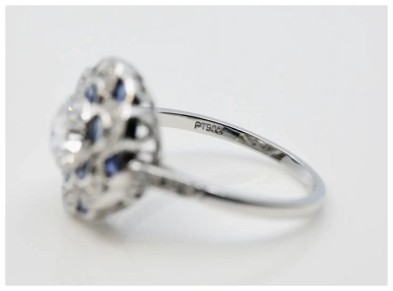 Art Deco Blossoming Floral Diamond & Sapphire Ring in Platinum