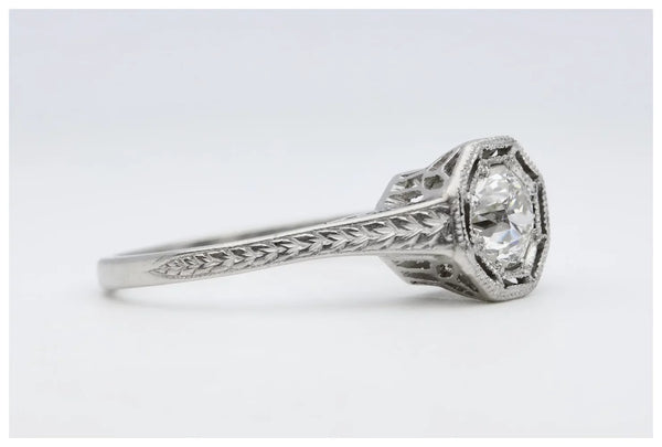 Art Deco Engraved 0.52ct Old European Cut Diamond Solitaire Engagement Ring in Platinum