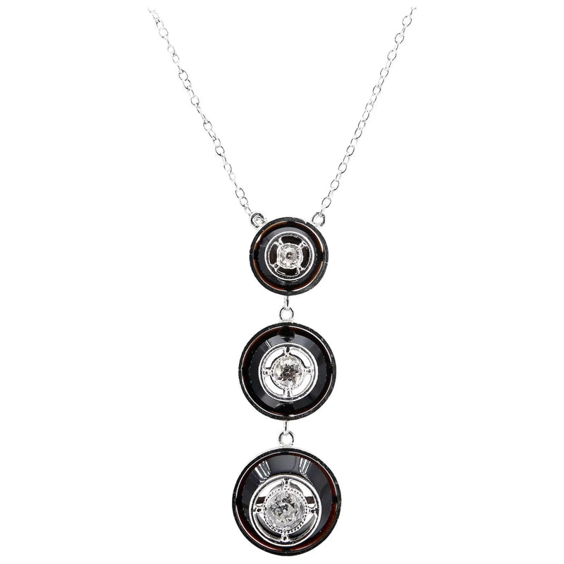 Art Deco Old European Cut Diamond & Onyx Pendant Necklace in Platinum