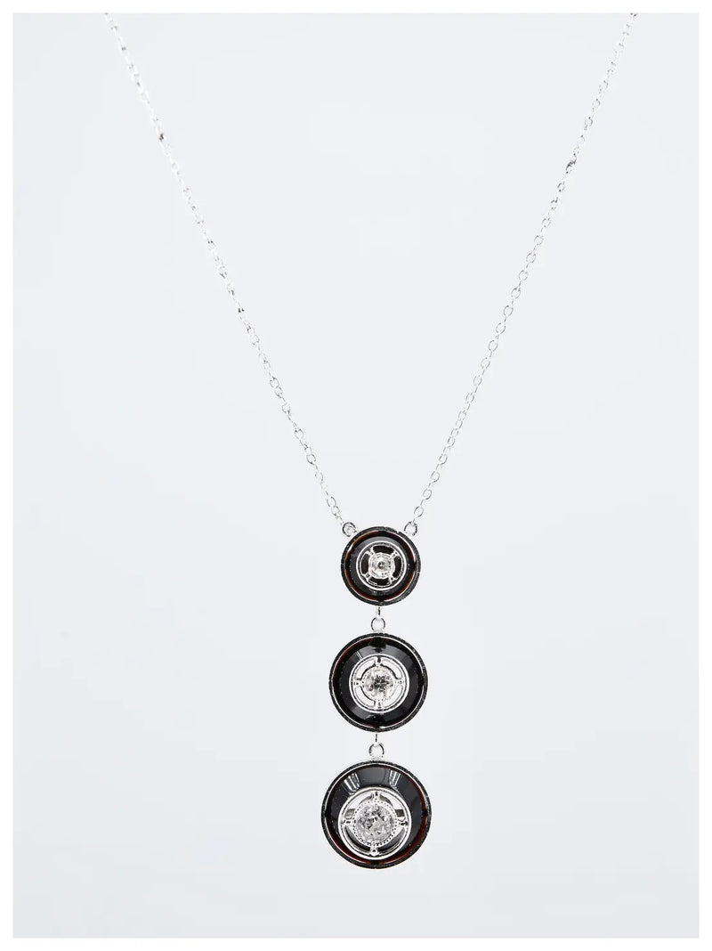Art Deco Old European Cut Diamond & Onyx Pendant Necklace in Platinum