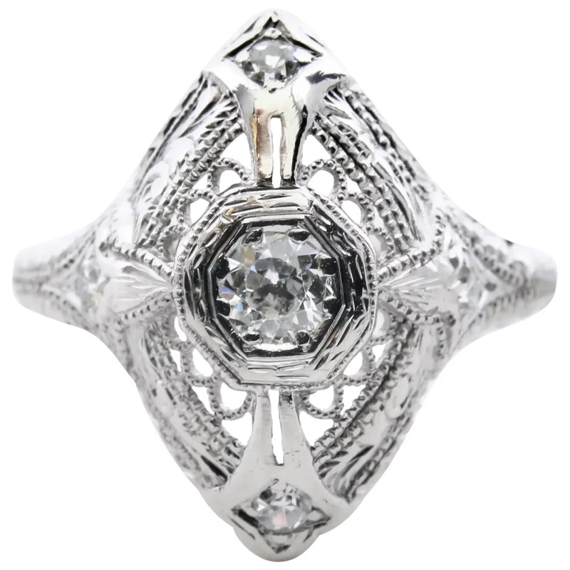 Art Deco Platinum & 0.34ctw Diamond Scroll Motif Filigree Ring