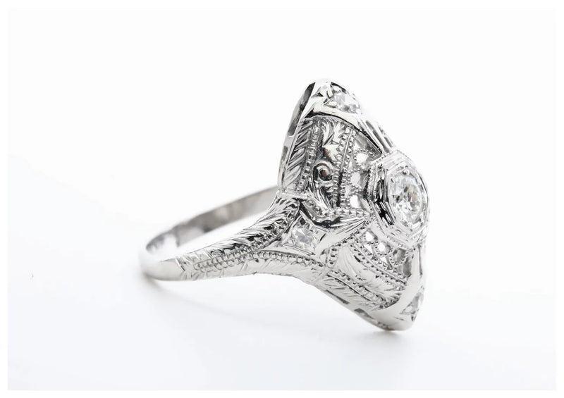 Art Deco Platinum & 0.34ctw Diamond Scroll Motif Filigree Ring
