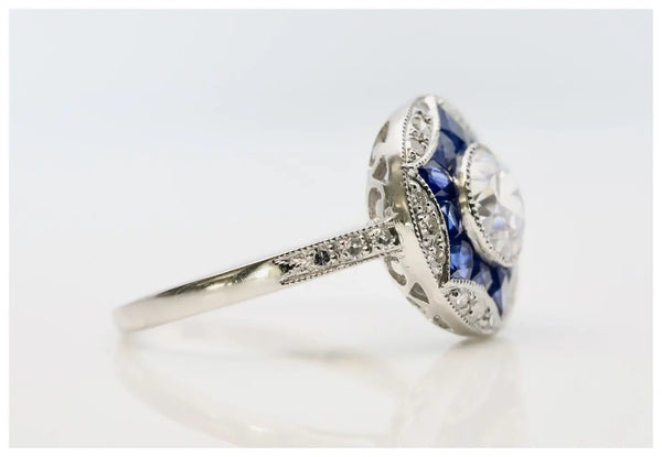 Art Deco Star Form Diamond & French Cut Sapphire Ring in Platinum