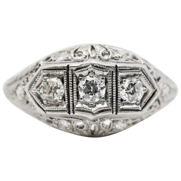 Art Deco Three Stone Diamond Filigree Ring in Platinum, 19K White Gold