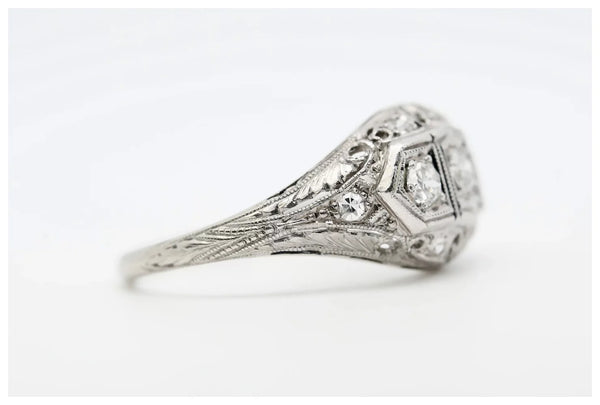 Art Deco Three Stone Diamond Filigree Ring in Platinum, 19K White Gold