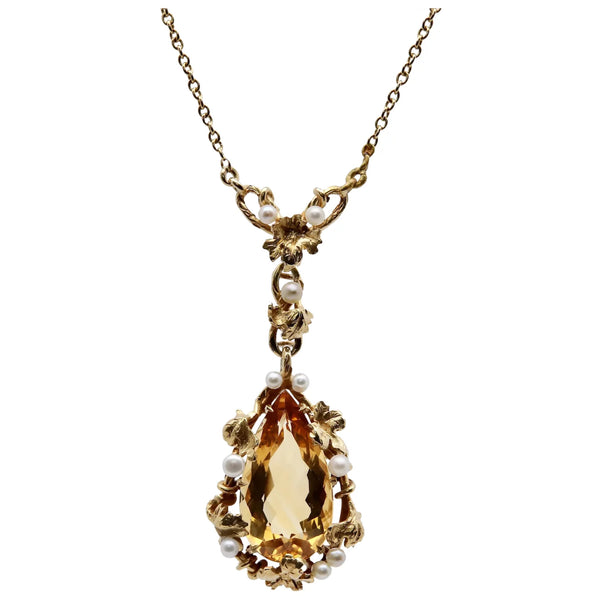 Art Nouveau Kohn & Sons Precious Topaz and Pearl Leaf Motif Pendant Necklace