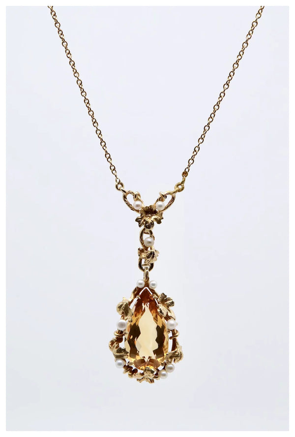 Art Nouveau Kohn & Sons Precious Topaz and Pearl Leaf Motif Pendant Necklace