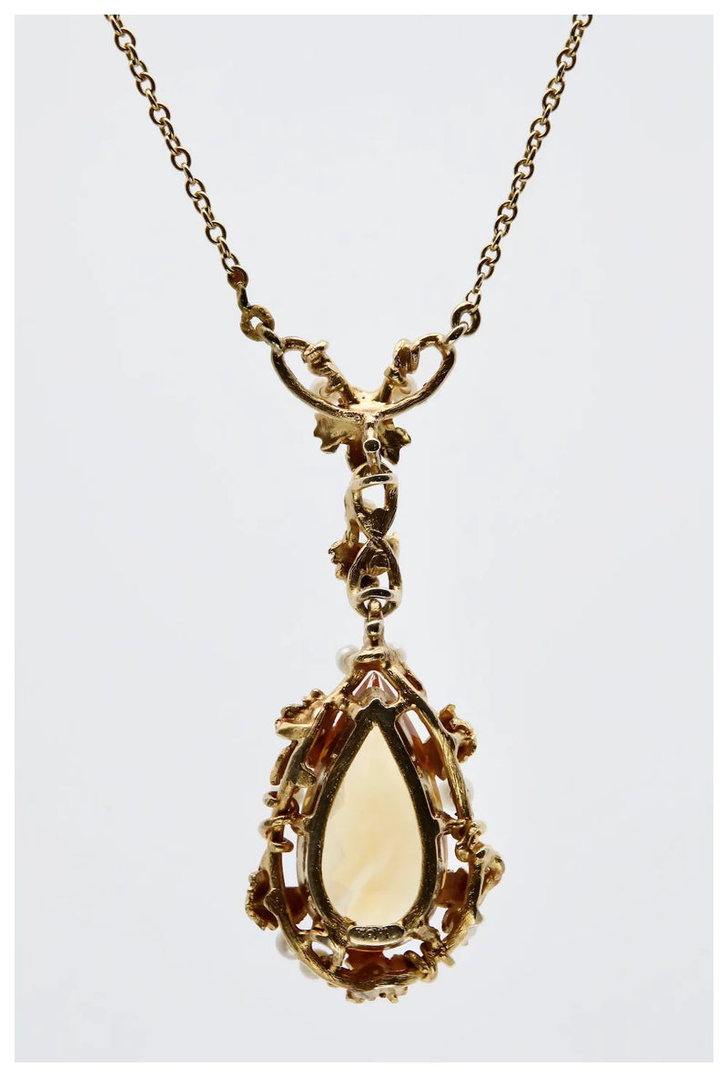 Art Nouveau Kohn & Sons Precious Topaz and Pearl Leaf Motif Pendant Necklace
