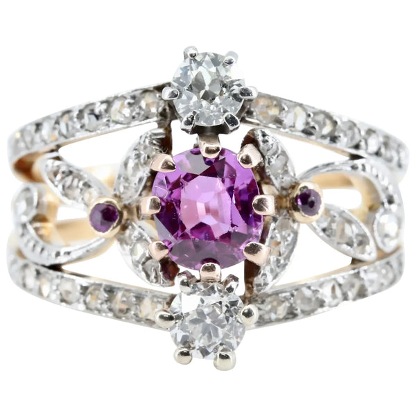 Art Nouveau No Heat Pink Sapphire and Diamond Ring in 18K, Platinum