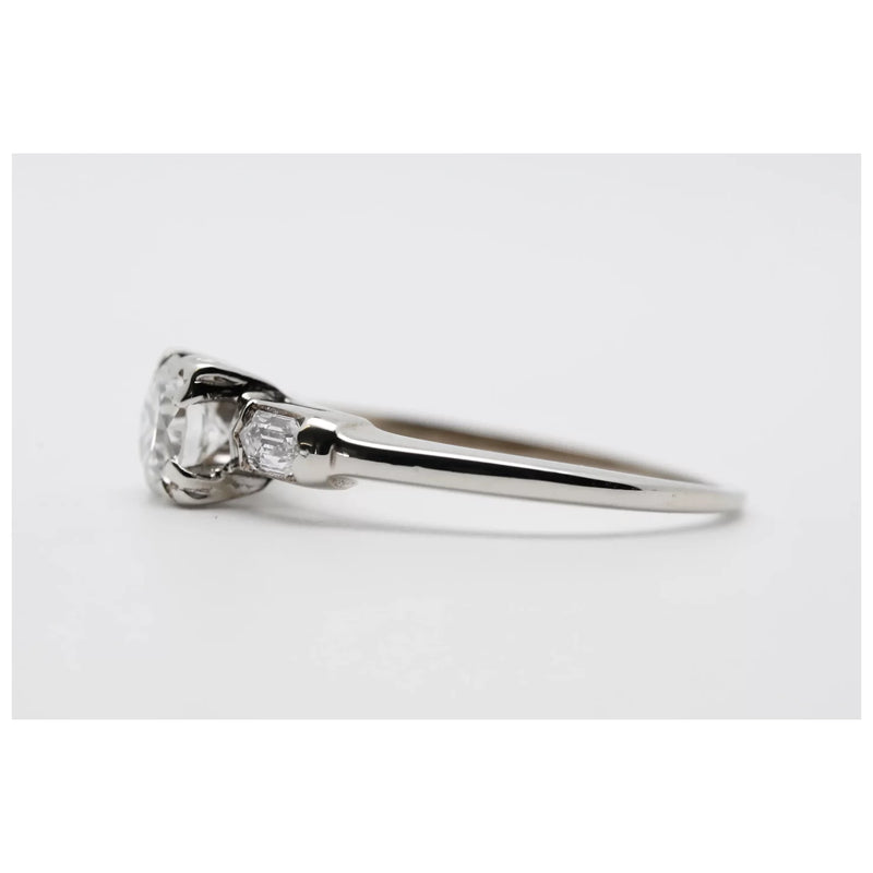 Mid Century European & Hexagon Cut Diamond Engagement Ring in 14K White Gold