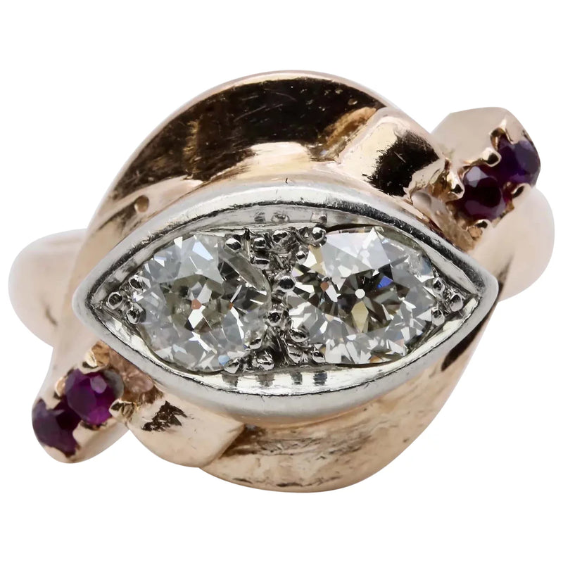 Retro Double Diamond & Ruby Ring in Rose Gold, & Platinum