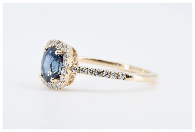 Velvety Blue Sapphire & Diamond Halo Ring in 14K Yellow Gold